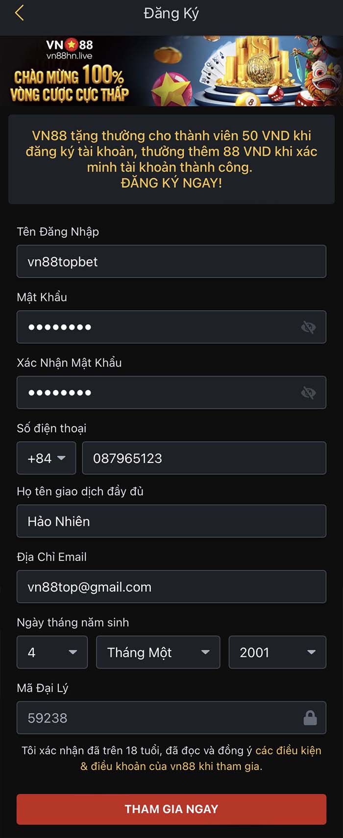 Một vài lưu ý khi đăng ký tài khoản tại Vn88